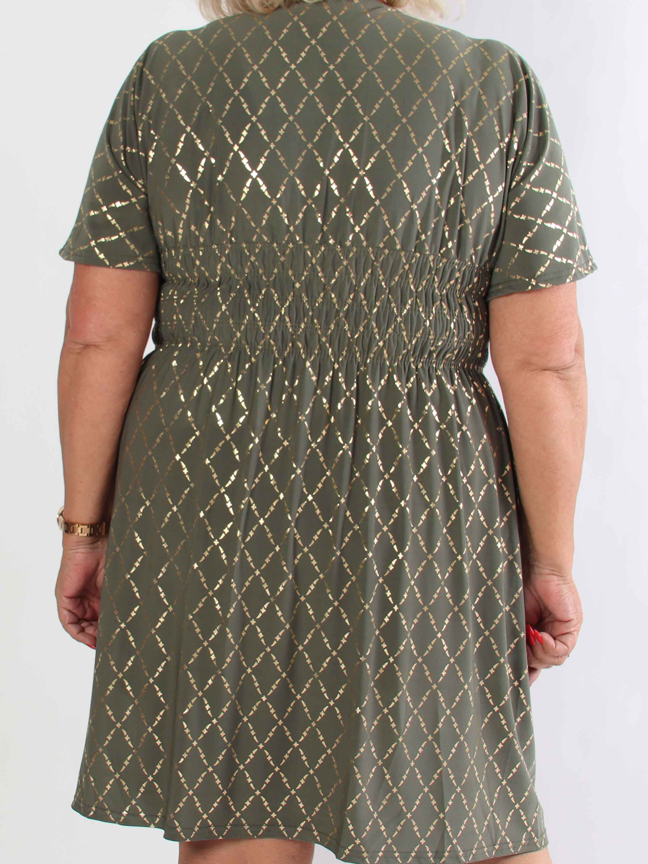 Pams Gold Check Short - Kort elastisk plus size klänning med gulddetaljer